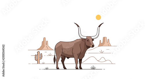 A longhorn bull stands in a desert landscape with cacti and mesas under a bright sun.