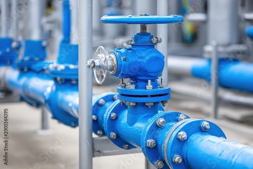 Close up view of blue industrial valve on pipe system for fluid control