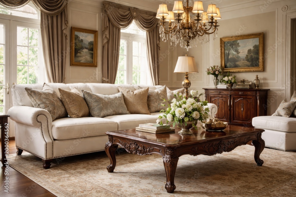 Fototapeta premium Interior design showcasing white sofa paired with coffee table in traditional decor