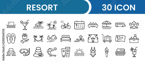 Resort Icon Pack – 30 Vacation, Travel, Hotel, Beach, Leisure, Hospitality, Tourism Vector Icons