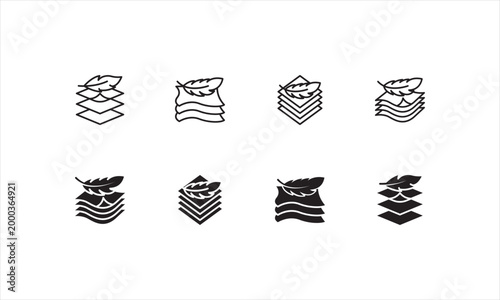 fabric with feather filler icon set, high comfort structure, less weight, vector illustration on white background