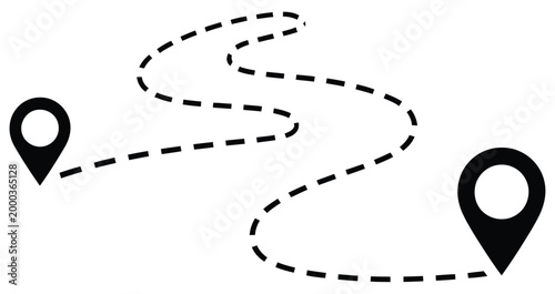 Route icon vector graphic with two pin markers and dotted route line illustrating journey path, destination tracking, navigation symbol suitable for maps