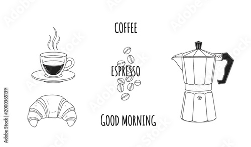 Minimal chalk coffee vector illustration set with line art icons and cafe elements for menu invitation and social media design isolated on white background