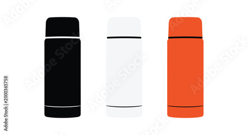 Three sleek, tall, cylindrical thermoses stand side-by-side, colored black, white, and vibrant orange with black lids.
