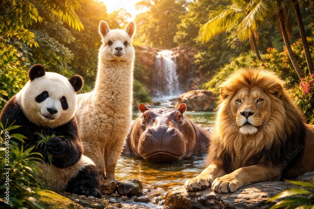 Fototapeta premium delightful tropical creatures panda llama hippo and lion in sunny environment
