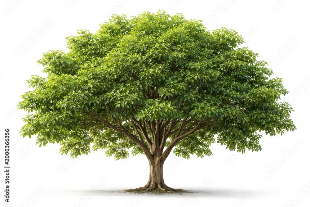 Fototapeta premium Full view of tropical tree with abundant green leaf canopy on clean white background