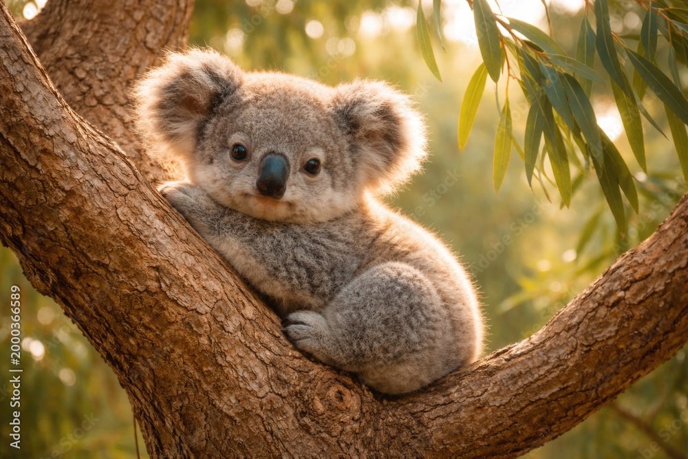 Obraz premium Cute koala cub relaxing in tranquil summer eucalyptus tree setting