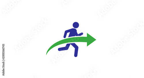 A blue stick figure runs with a green arrow.