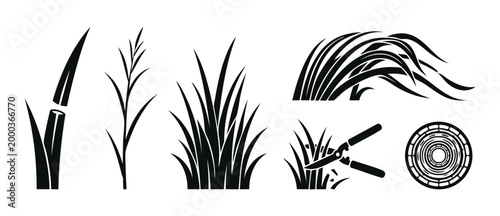 Grass silhouettes set with gardening shears and tree rings vector collection for landscaping and nature design elements, minimalist black grass blades icons on white background for graphic projects.