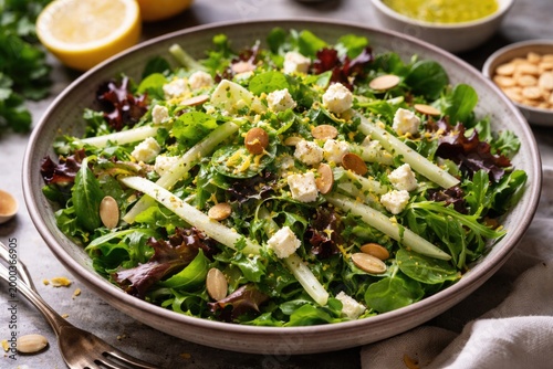 Kohlrabi and mixed greens salad featuring feta cheese and almond slices with zesty lemon dressing