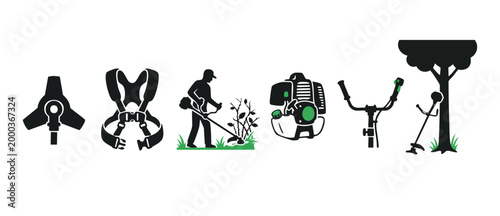 Brush Cutter Gardening Tool Icons Set, Professional Landscaping Equipment Elements, Trimmer Harness and Motor Parts for Lawn Care Maintenance, Vector Graphic Symbols for Outdoor Yard Work and Maintena