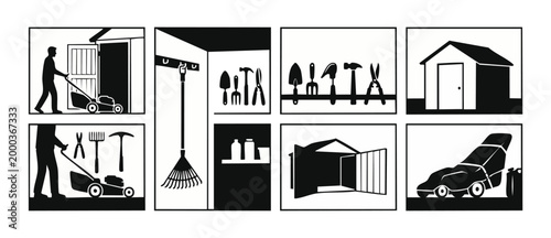 Garden shed tools icons set, lawn mower storage and yard equipment maintenance silhouettes collection for home exterior organization, maintenance and landscaping tasks, black and white vector illustra