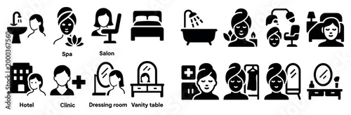 Beauty icons with spa bed bathtub mirror minimal