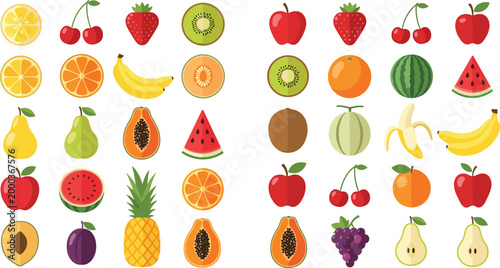 Bright collection of fruit icons including citrus berries tropical and orchard varieties colorful flat vector set for healthy food nutrition and summer design projects