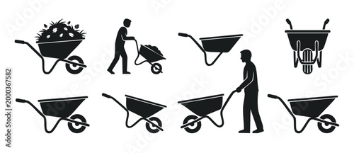 Wheelbarrow icon set, person pushing cart for gardening and construction. Vector flat illustration of equipment for landscaping, yard work, soil transport, and heavy duty site maintenance on white bac