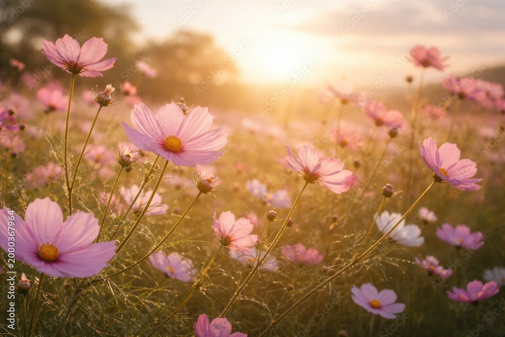 Fototapeta premium Bright cosmos petals waving in mild dawn breeze bathed in gentle sunlight