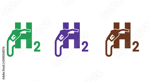 Set of three colorful hydrogen fuel cell icons in green purple and brown representing clean energy technology