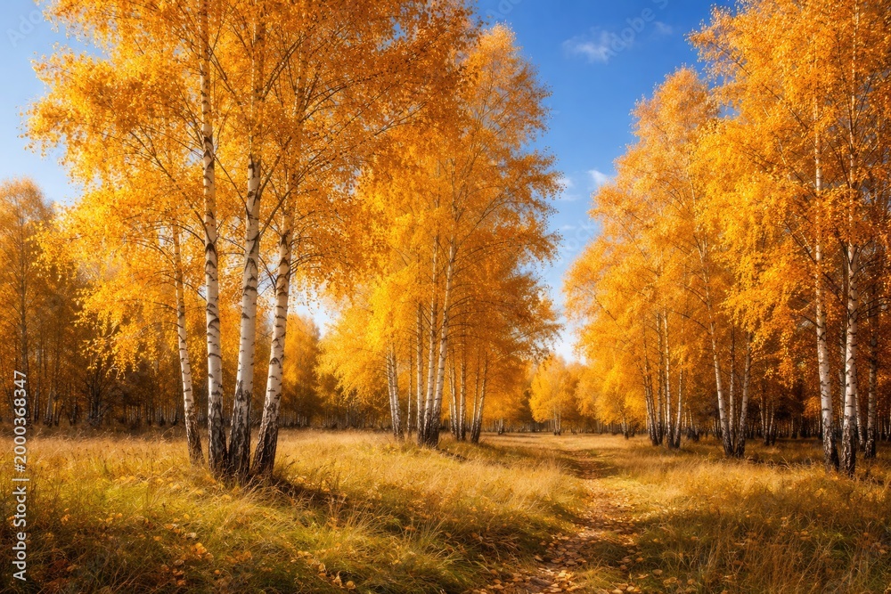 Fototapeta premium Golden birch grove in a grassy field showcasing fall colors with a bright blue sky