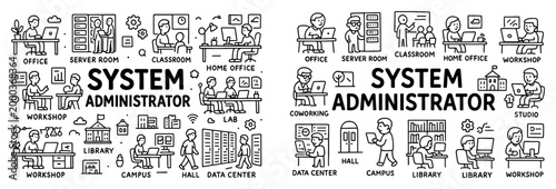 System administrator icons with office server classroom outline