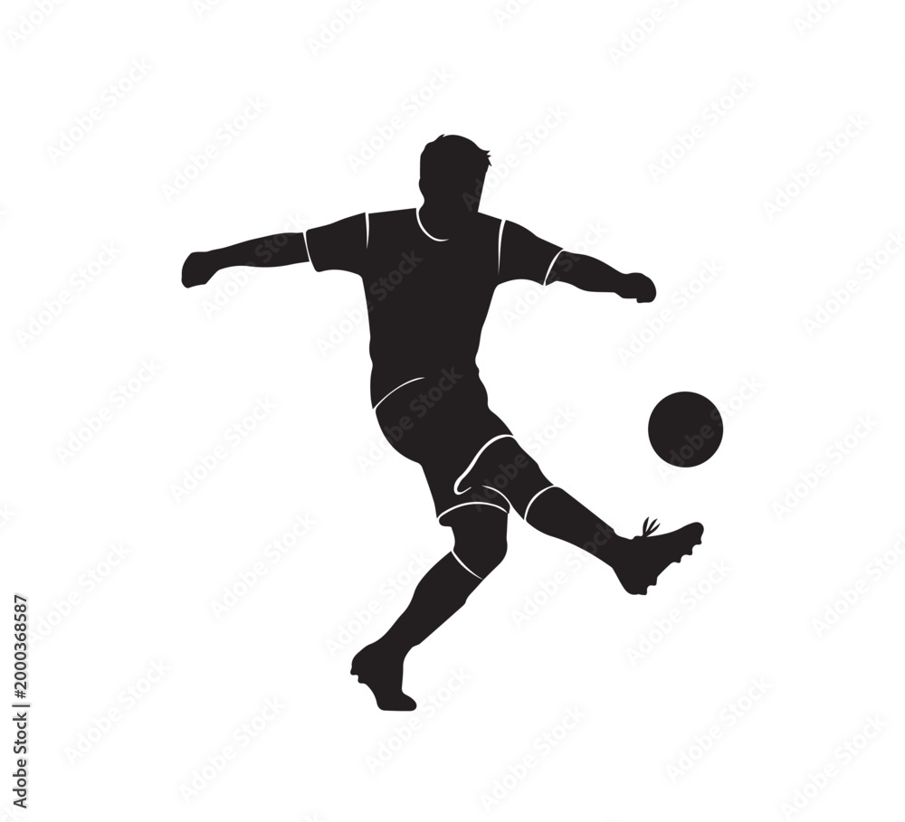 Naklejka premium Dynamic silhouette concept illustrating a soccer player actively kicking a football, embodying athletic prowess and the energetic spirit of the beloved sport