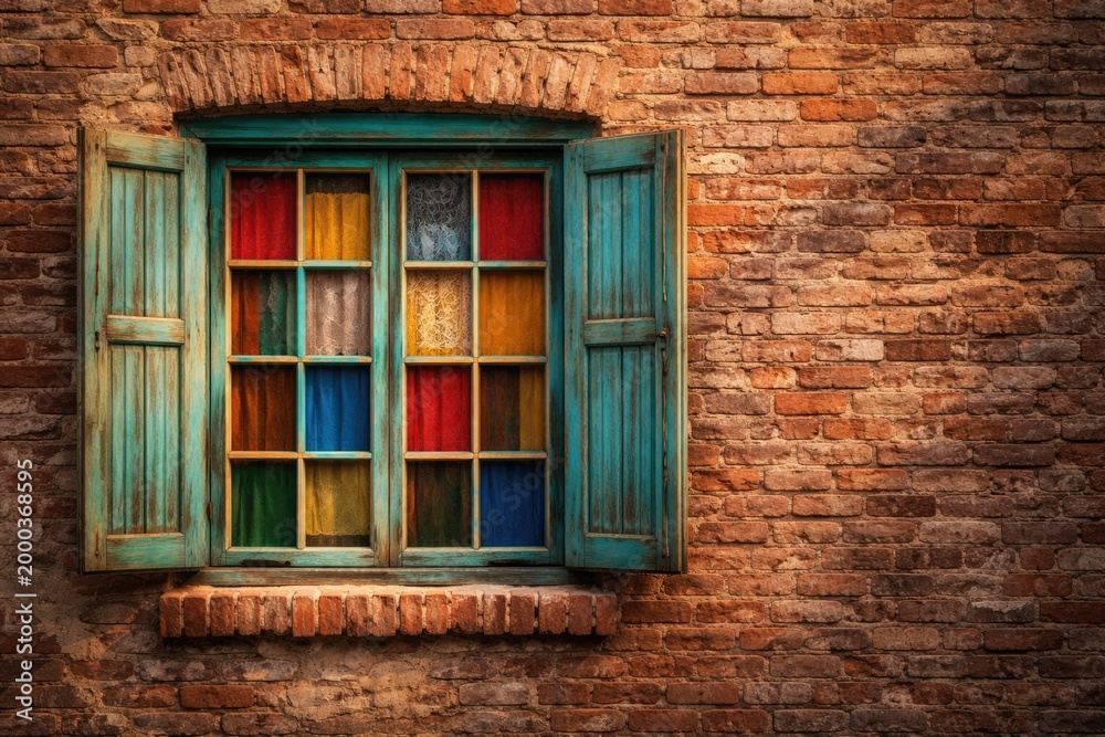 Obraz premium Brick wall texture highlighting a vibrant window lattice and rustic appeal