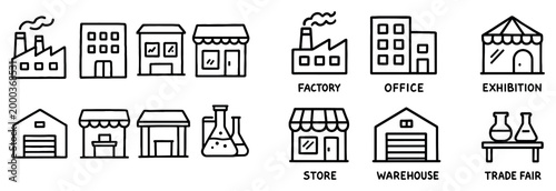 Business icons with factory and store outline