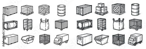 Logistics icons with crate container truck sketch