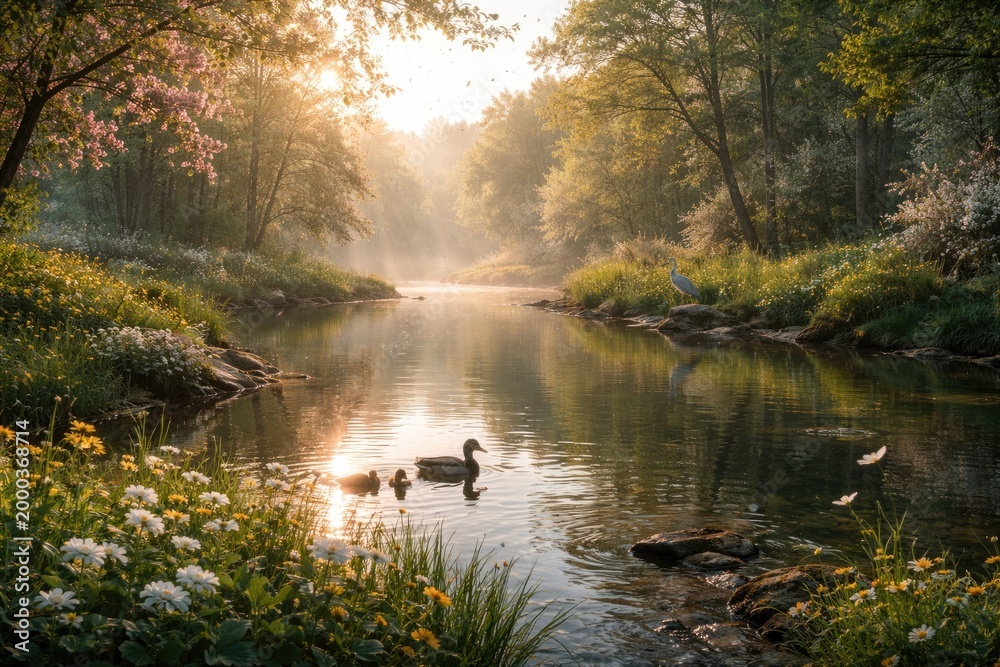 Fototapeta premium Calm morning by the river showcasing abundant spring ecosystem