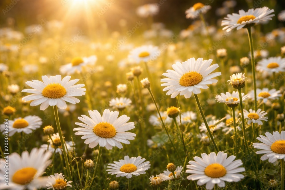 Fototapeta premium Fresh summer sunshine highlights close up of chamomile and daisy flowers in field