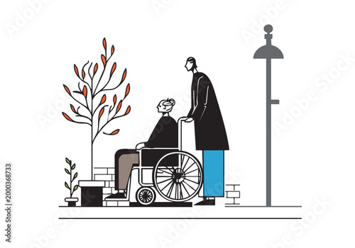 車椅子を押すやさしい介護シーンのイラスト