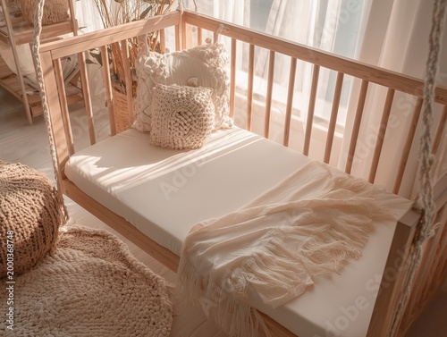 Cozy Baby Crib with Soft Bedding in Sunlit Minimal Nursery