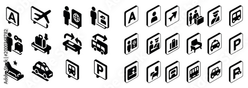 Travel icons with plane passport car isometric