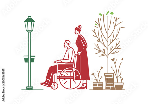 車椅子を押すやさしい介護シーンのイラスト