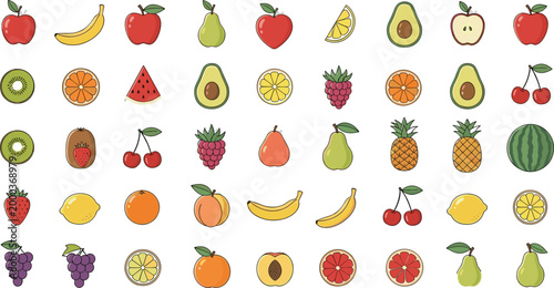 Large collection of colorful fruit icons including apple banana kiwi pineapple watermelon and citrus varieties flat vector set for healthy food and nutrition design
