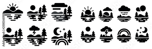 Nature icons with sun moon trees minimal