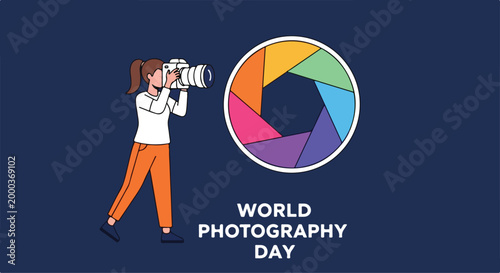 Celebrating World Photography Day with a person holding a camera and a colorful camera lens graphic
