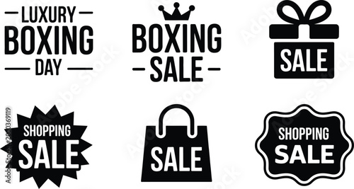 Black and white luxury boxing day shopping sale vector icons set isolated on white background, Vector, illustration