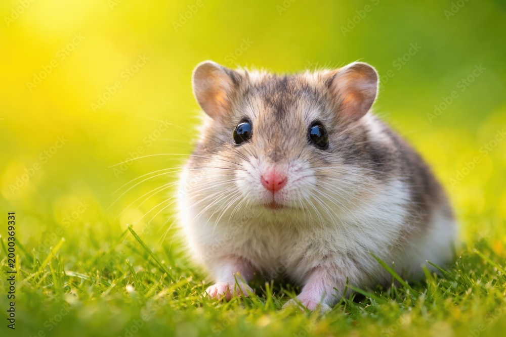 Obraz premium Close up portrait of an active dwarf hamster on fresh green and yellow background including copy space