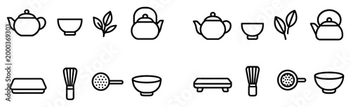 Tea icons with teapot cup kettle outline