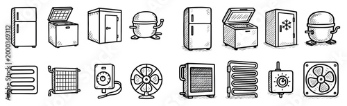 Cooling and heating icons with fridge fan sketch