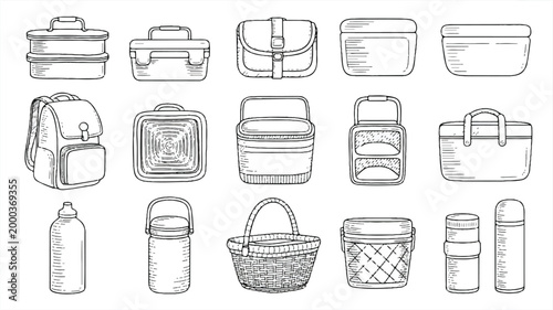 Collection of various lunch boxes and bags for food storage and transport
