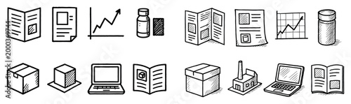 Logistics icons with box laptop brochure outline
