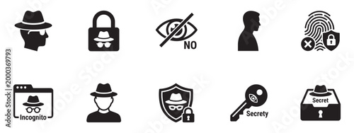 Privacy, incognito and anonymous icon set. Secret agent, data protection, private browsing and security symbols. Vector illustration.