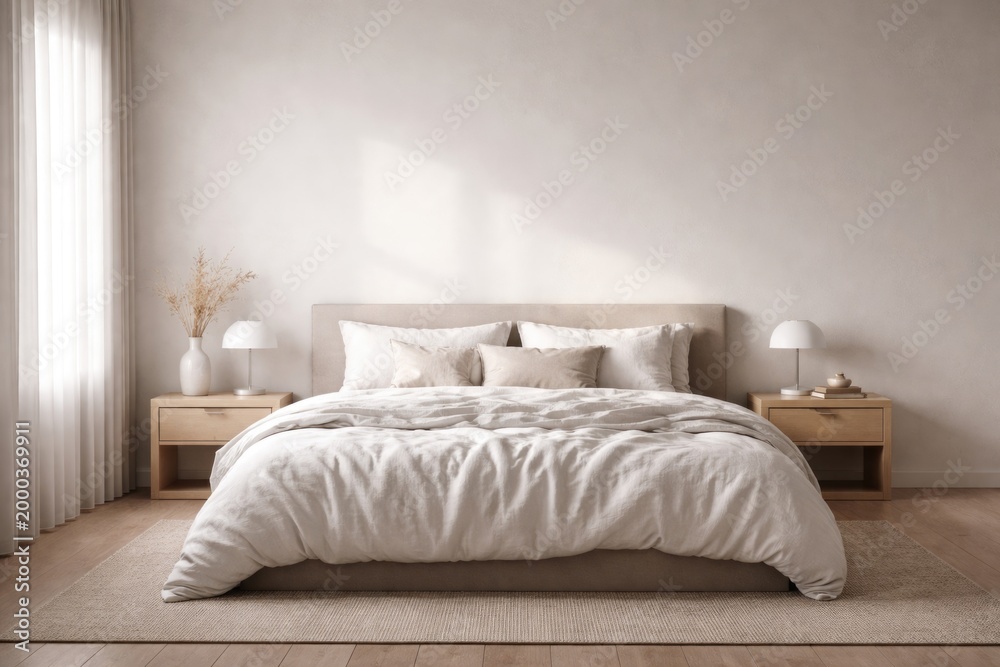 Fototapeta premium Clean and minimalist bedroom featuring bare wall and comfortable bedspread