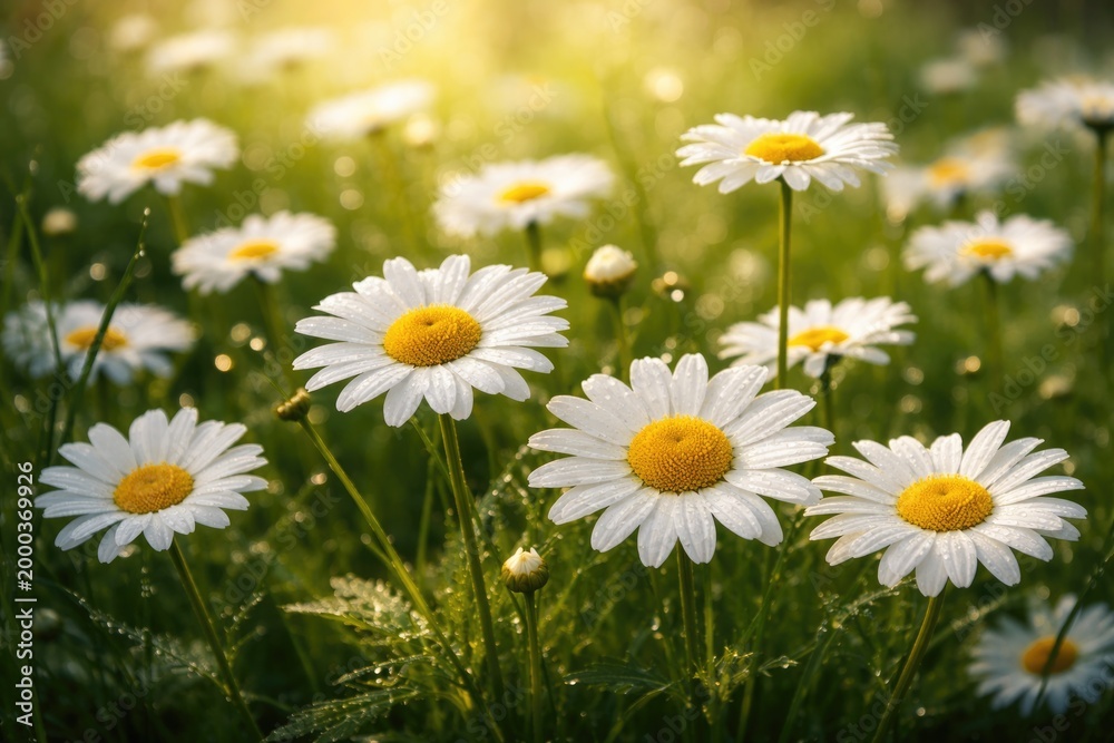 Fototapeta premium Close up of fresh daisies in a lush green field