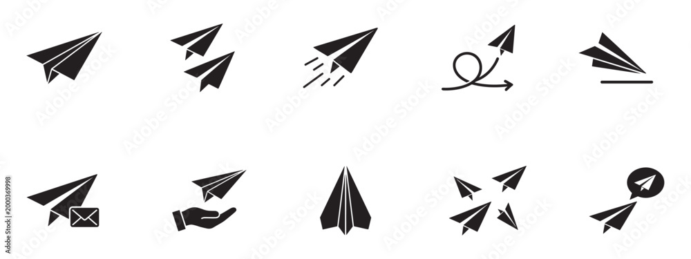 Fototapeta premium Paper Plane and Message Delivery Icon Set. Flying airplane, mail, and creative startup symbols. Vector Illustration. 