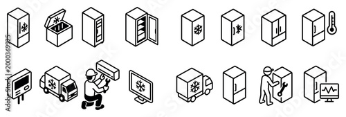Cold chain icons with fridge truck technician isometric