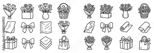Floral icons with bouquet vase bow outline
