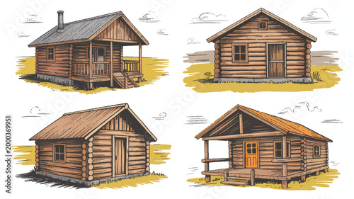 collection of wooden log cabins with porches and gable roofs