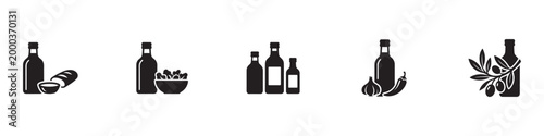 Olive oil and kitchen cooking icon set. Food ingredients, dressing bottles and organic product silhouettes. Vector Illustration.